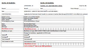 Bank of Baroda NEFT Form, BOB RTGS