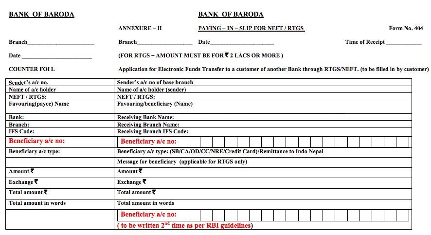 Bank of Baroda NEFT Form