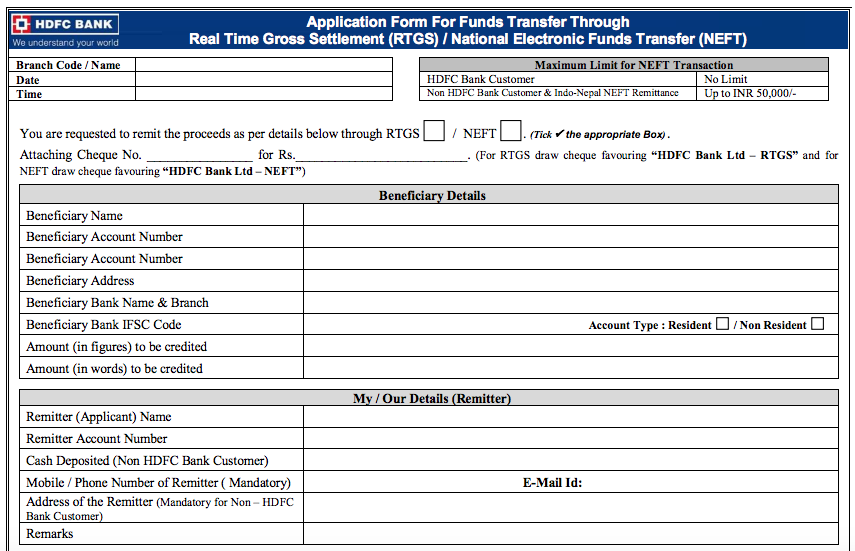 HDFC Bank NEFT Form, HDFC Bank RTGS Form